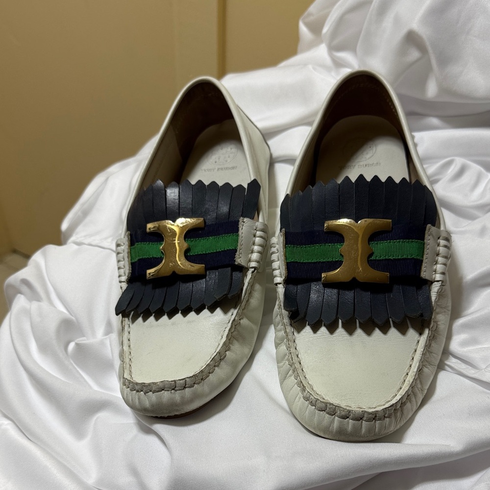 Tory Burch White Leather Loafers with Navy Fringe & Green Stripe